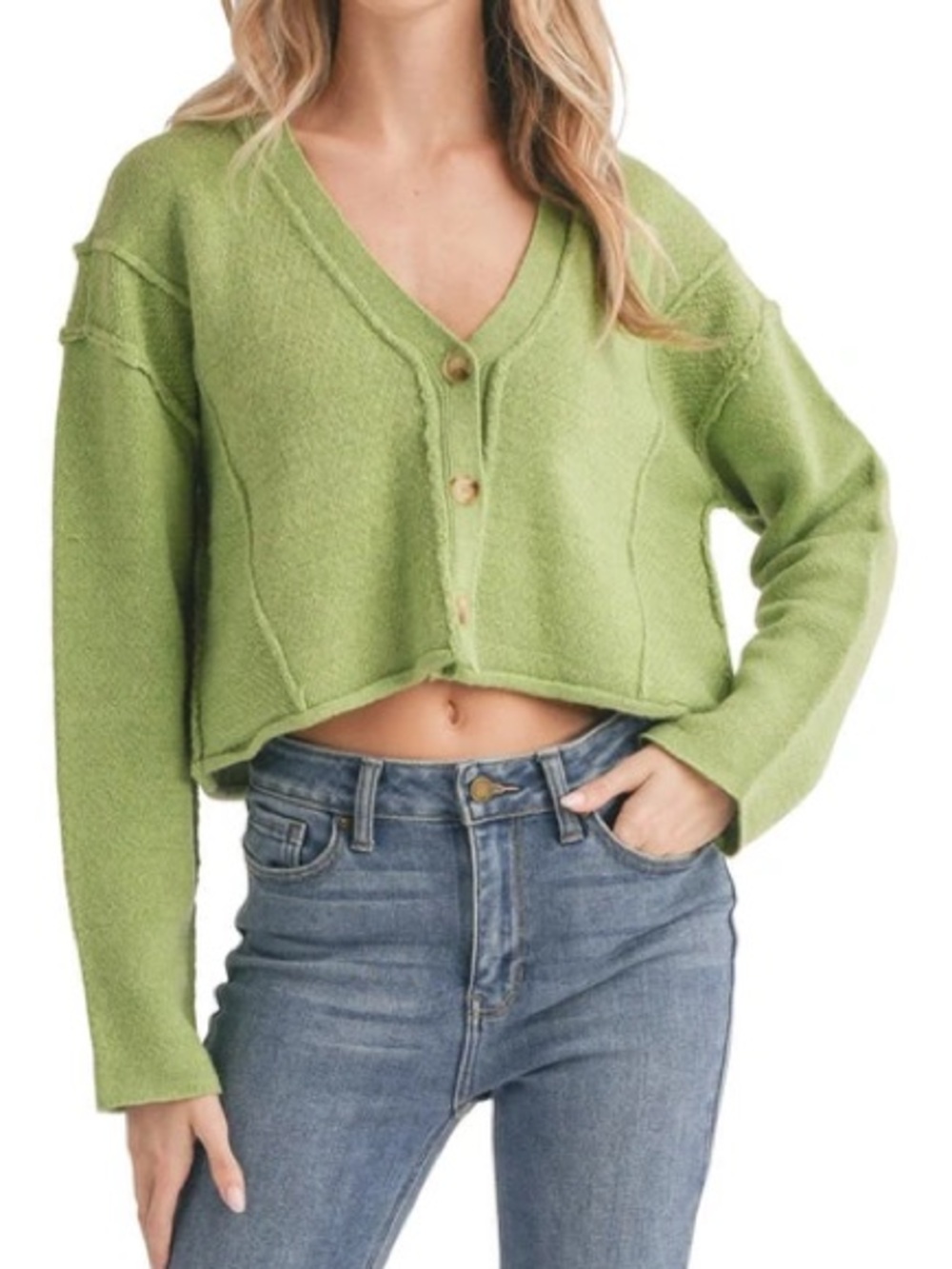 Lush Cropped V-Neck Button Front Sweater Cardigan in Salad Greens